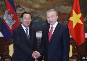 越共中央总书记苏林会见柬埔寨人民党主席、参议院主席洪森