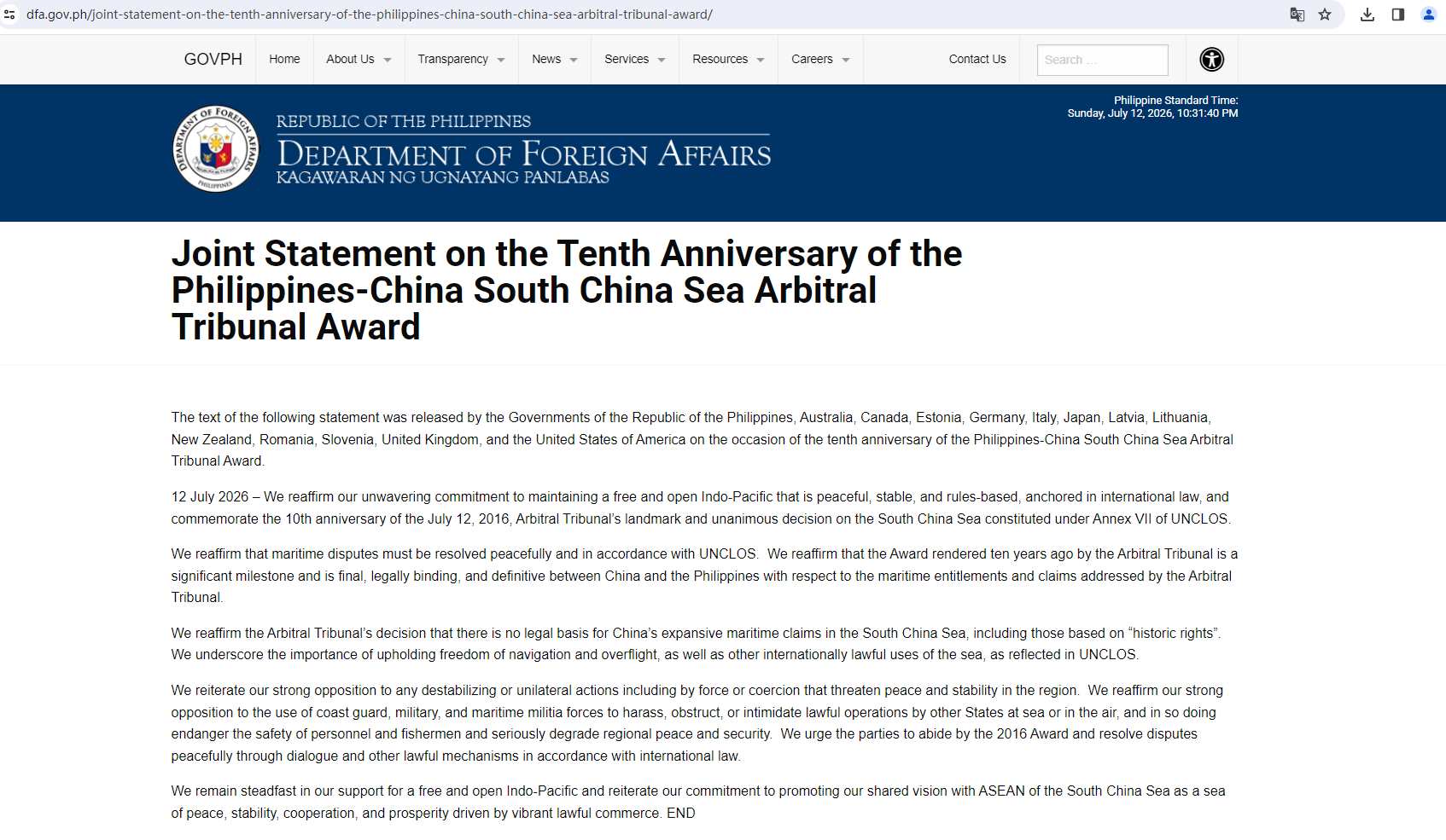 美国、菲律宾等14国就&ldquo;南海仲裁案裁决&rdquo;出台十年发布联合声明 中国外交部发声明回应