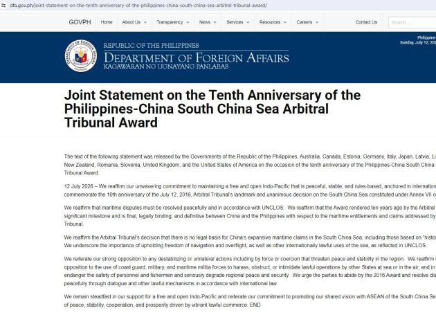 美国、菲律宾等14国就&ldquo;南海仲裁案裁决&rdquo;出台十年发布联合声明 中国外交部发声明回应