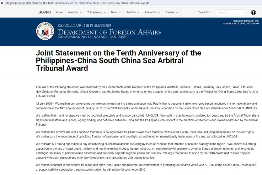 美国、菲律宾等14国就&ldquo;南海仲裁案裁决&rdquo;出台十年发布联合声明 中国外交部发声明回应